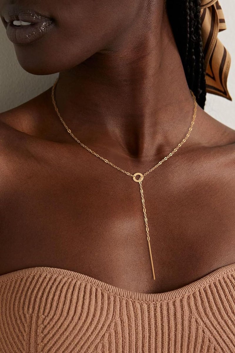 Funsanny Store Lariat Necklaces for Women - Dainty Long Necklace Trendy 14K Gold Plated Hypoallergenic Layered Long Y-Shape Sunburst CZ T-Bar Pendant Drop Chain Necklace Set for Women Non Tarinsh Jewelry - Image 4